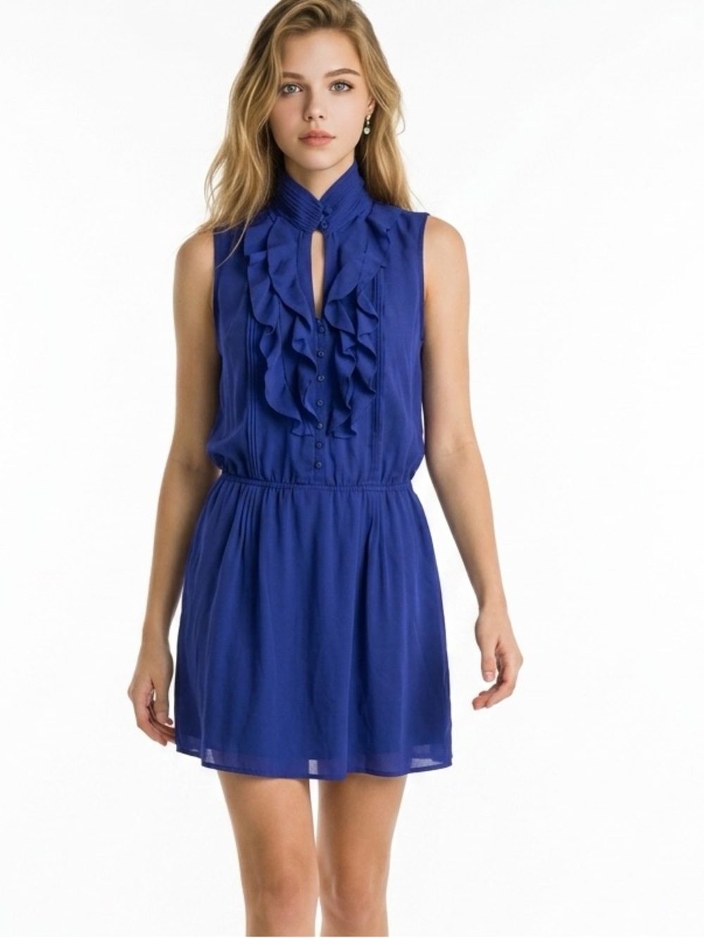 GREYUN bright blue‎ ruffle front sleeveless mini dress Size Small. Fully lined